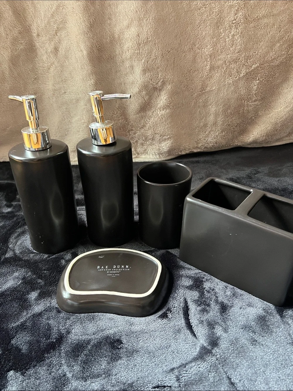 Rae Dunn Black Bath Accessory Set with Copper Lettering